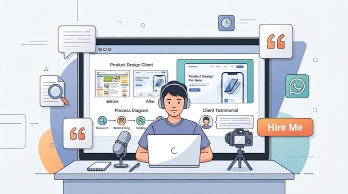 474dedcb-663b-4e5c-a576-43266772 Ilustrasi portofolio online freelancer dengan studi kasus, testimoni, dan tombol kontak WhatsApp