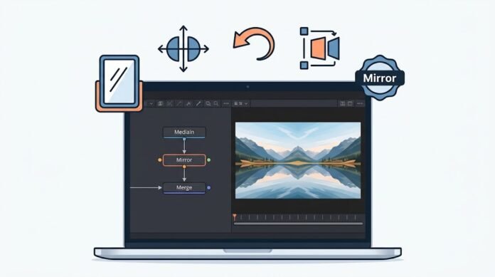 476ce42c-cf36-4a84-b8d5-0d78e779 Ilustrasi efek mirror di DaVinci Resolve Fusion dengan mirror horizontal, vertikal, simetri, dan animasi cermin