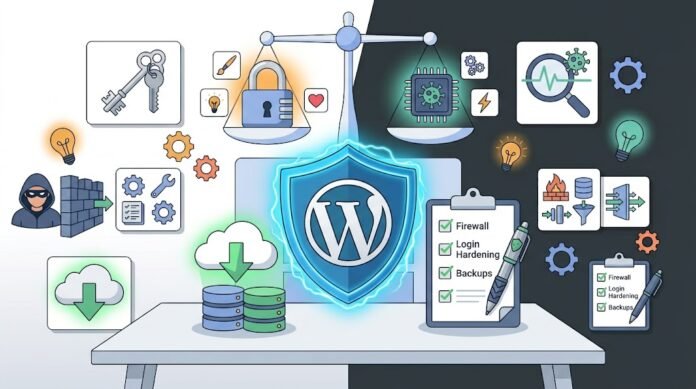 4a7523c9-c68f-4c22-be1e-06a67b77 Ilustrasi keamanan WordPress dengan perisai, gembok, firewall, dan backup untuk melindungi dari serangan hack