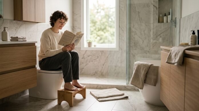 4d75c573-235d-48e4-8e42-77522767 Seseorang duduk dengan posisi yang tepat di toilet dengan bangku kecil di bawah kaki, menggambarkan upaya sederhana mengatasi sembelit melalui posisi yang benar.