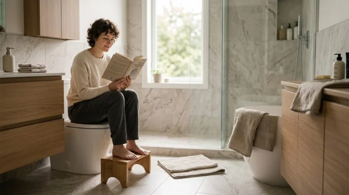 Seseorang duduk dengan posisi yang tepat di toilet dengan bangku kecil di bawah kaki, menggambarkan upaya sederhana mengatasi sembelit melalui posisi yang benar.