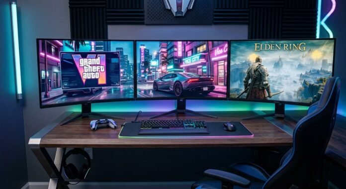 4f2f1666-015d-4905-bdf5-2cf5ca6e Setup gaming rapi dengan manajemen kabel yang baik, mencerminkan standar setup gamers modern di 2026