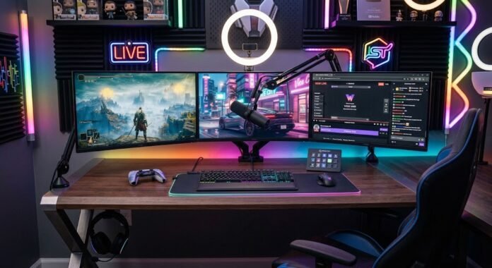 54e72d36-b32b-40ea-8091-06dc8078 Setup streamer gaming profesional, mencerminkan industri content creation gaming yang semakin berkembang di Indonesia 2026.