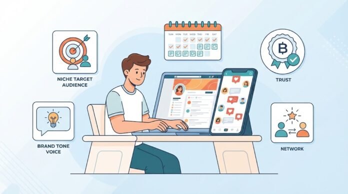 5500a88d-98fb-40de-9873-5ffcc98f Ilustrasi membangun personal branding di media sosial dengan niche, brand voice, konsistensi, kepercayaan, dan jaringan