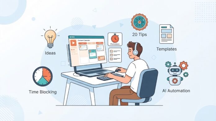 57a52f09-dcb2-4a14-880e-55cb281d Ilustrasi 20 tips produktivitas untuk content creator dengan manajemen waktu, AI, template, dan sistem konten