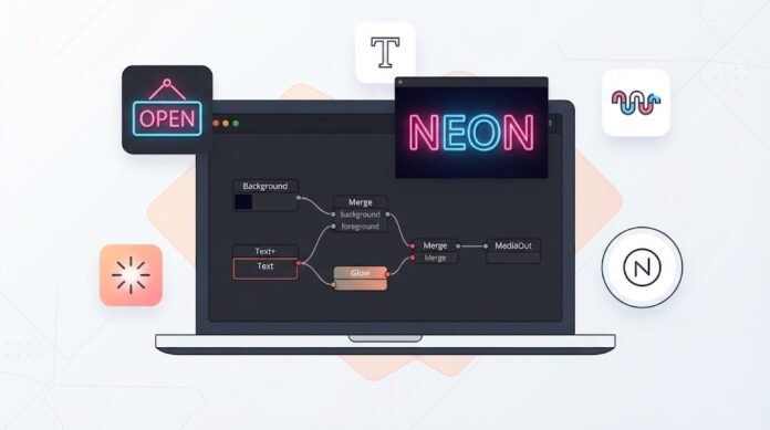 591a0b02-d52d-46ef-8d34-c82ce834 Ilustrasi efek neon text di DaVinci Resolve Fusion dengan Text+, Glow, background gelap, dan animasi flicker