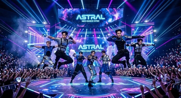 Grup K-pop tampil dengan koreografi sinkron di panggung futuristik, mencerminkan energi dan daya tarik global genre ini di 2026