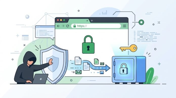 5bce4b28-c8f5-4c6d-8a5c-3d491871 Ilustrasi SSL mengenkripsi data website dengan gembok dan brankas, melindungi dari hacker