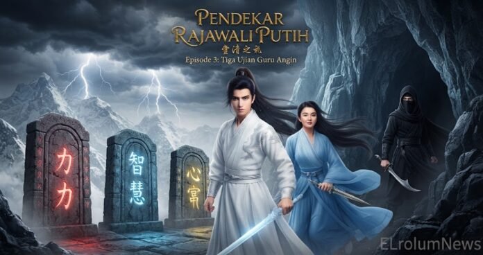 Lin Bima dan Sari berdiri di depan tiga gerbang ujian, sementara pembunuh bayaran mengintai dari bayang-bayang.