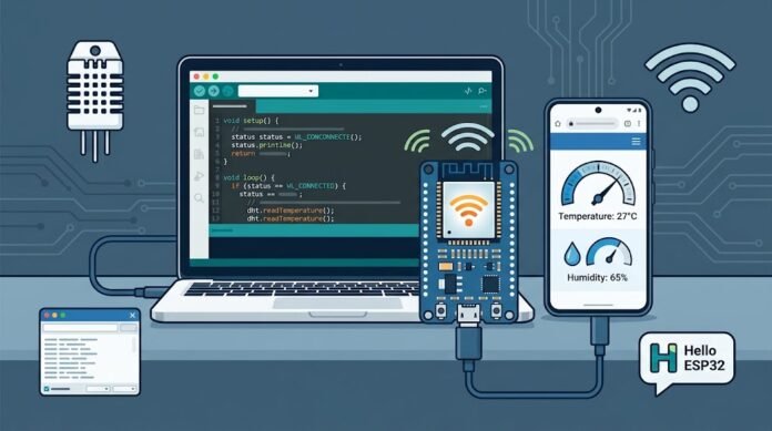 6370e76d-5678-4e37-96f7-e18d818c Ilustrasi pemrograman ESP32 dengan Arduino IDE, sensor DHT22, koneksi WiFi, dan web server IoT
