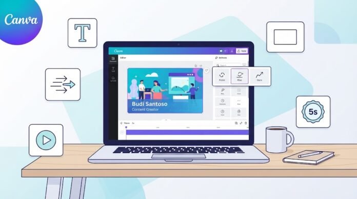 63938e91-b8ce-40fa-98dd-4a00592c Ilustrasi pembuatan lower thirds di Canva dengan desain teks, animasi Rise, dan ekspor video untuk overlay