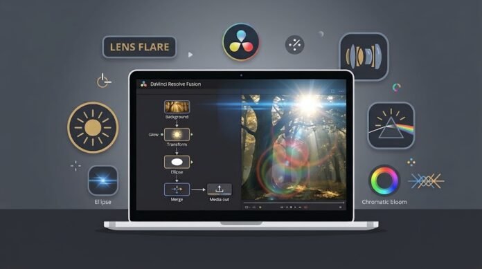 643a4c56-a05a-4d0b-8533-48bed308 Ilustrasi efek lens flare di DaVinci Resolve Fusion dengan sumber cahaya, glow, lingkaran flare, dan anamorphic streak