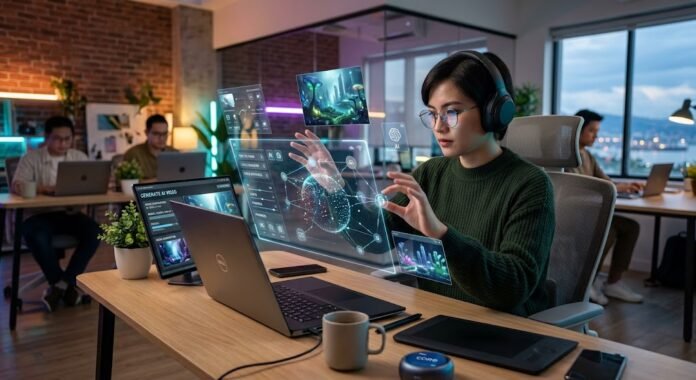 6690f82e-35c4-4fa2-a02f-4fcbf5ca Content creator menggunakan AI tools di workspace modern, mencerminkan revolusi AI yang mengubah industri kreatif di 2026.