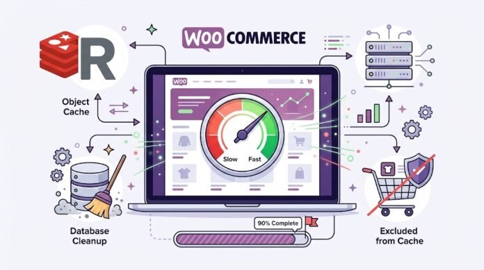 66c4b830-702c-4c3c-9bbc-8b0f1ee6 Ilustrasi optimasi WooCommerce dengan object cache Redis, database cleanup, dan cache exclusion untuk toko online cepat