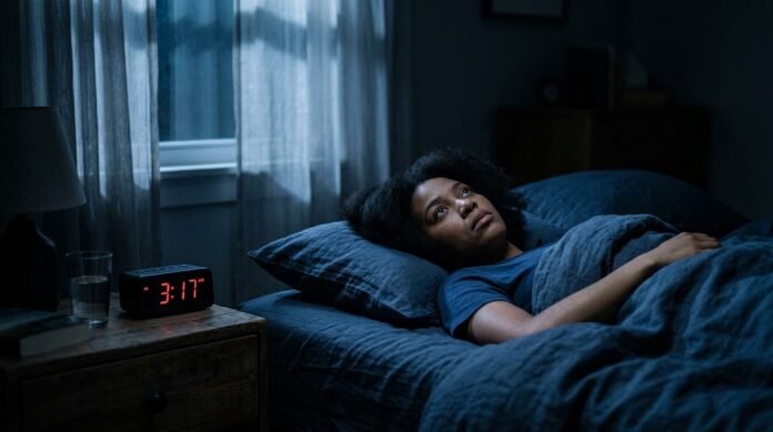 67d1e215-8465-46b5-baf2-e0455e22 Seseorang terbaring terjaga di tempat tidur pada pukul tiga pagi, menggambarkan gangguan tidur yang khas akibat stres dan aktivitas HPA axis yang berlebihan.