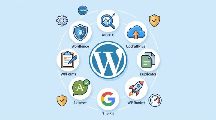 68b62ec4-826e-48f8-bfb1-0c7389b8 Ilustrasi review plugin WordPress terbaik 2026: Wordfence, AIOSEO, UpdraftPlus, WPForms, Site Kit, dan lainnya