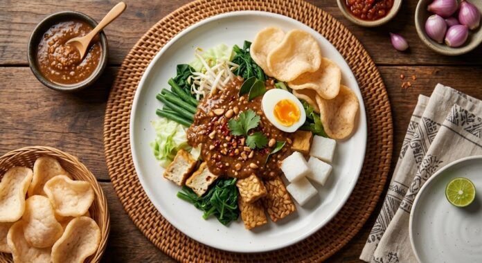 Gado-gado lengkap dengan sayuran rebus, tahu, tempe, dan siraman bumbu kacang kental