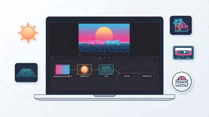 6fcc11f3-3a1b-4b10-9f79-5fe13b9c Ilustrasi efek retro wave (synthwave) di DaVinci Resolve Fusion dengan grid perspektif, matahari neon, gradient pink-biru, dan teks neon