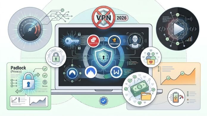 6fd9cb56-69f2-480a-a026-e7eedc1b Ilustrasi review VPN terbaik 2026: ExpressVPN, Mullvad, Windscribe, NordVPN dengan indikator kecepatan dan privasi