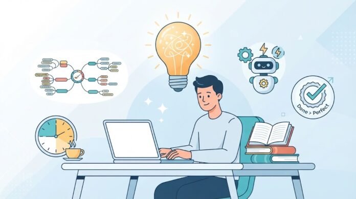 70d24ab2-f2a5-418a-9e9b-ceb9b589 Ilustrasi mengatasi writer's block dengan free writing, mind mapping, AI brainstorming, dan kebiasaan menulis