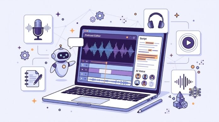 715e152e-577d-4252-acaa-a00e6543 Ilustrasi content creator membuat podcast dengan AI, dari riset dokumen, script, suara AI, hingga editing audio