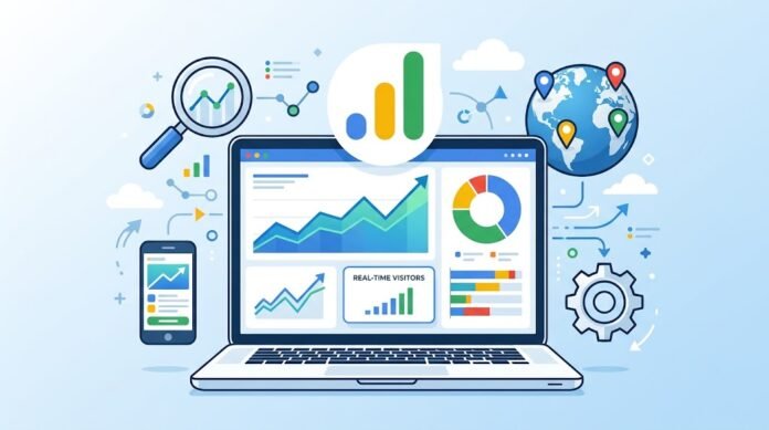 73519f2a-c6e5-471b-a72b-9101dc1c Ilustrasi setup Google Analytics di WordPress dengan dashboard, grafik, tracking pengunjung, dan demografi