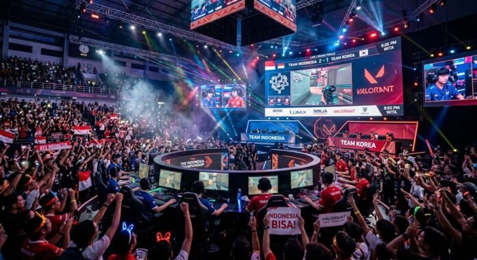 Turnamen esports dengan pemain profesional di panggung, mencerminkan popularitas competitive gaming yang mainstream di Indonesia 2026