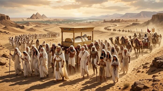 7b1d7a98-d0ac-4fc9-8348-687aae56 (1) large funeral procession for Jacob (Israel), Egyptian and Hebrew mourners in white linen garments walking through desert landscape