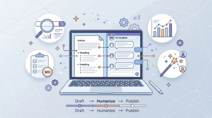 Ilustrasi penulis menggunakan AI untuk menulis artikel SEO, dari riset keyword hingga humanisasi dan publish