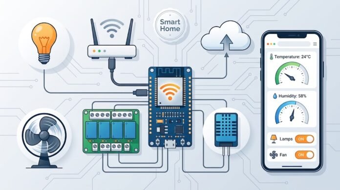 82b8624b-f312-4f50-a083-b46321c1 Ilustrasi smart home dengan ESP32, relay 4-channel, sensor DHT22, dan dashboard web untuk kontrol lampu dan kipas
