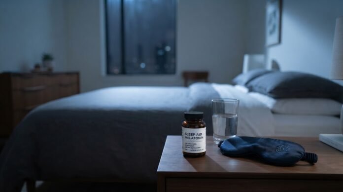 87c54e8b-35a2-4ecb-ba14-08833bad Botol suplemen melatonin di atas meja samping tempat tidur dengan segelas air dan penutup mata, menggambarkan penggunaan yang bijak dari hormon tidur ini