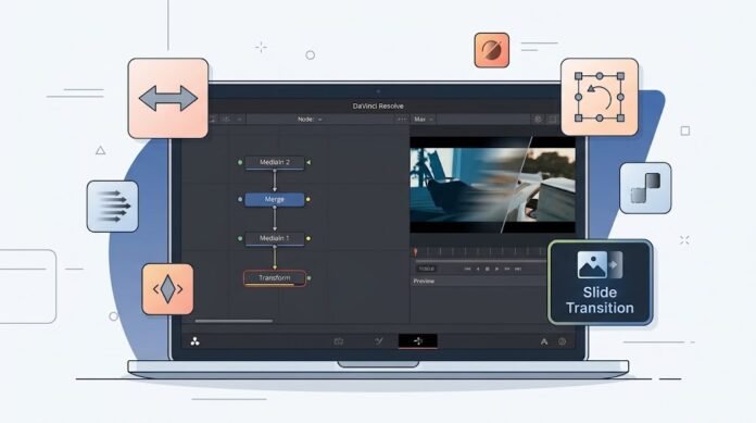 8998800b-1a5e-47dd-8791-d9ecde0c Ilustrasi slide transition di DaVinci Resolve Fusion dengan transform, keyframe, motion blur, dan transisi slide sinematik