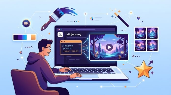 91027442-f08c-4383-a645-0e1c7419 Ilustrasi desainer menggunakan Midjourney untuk membuat gambar AI dari prompt teks, dengan variasi dan personalisasi