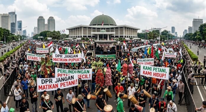 Ilustrasi - Massa aksi Hari Tani Nasional di depan DPR bawa hasil kebun dan kentongan