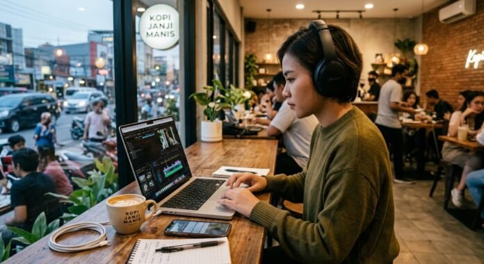 93d6fb57-841f-4ad2-9743-c999bf6a Content creator bekerja dengan laptop di cafe, mencerminkan tren kerja remote yang membutuhkan laptop powerful untuk produktivitas di 2026.