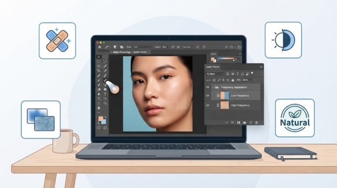 97de482c-a29d-4578-9fa7-bf8affbe Ilustrasi retouching foto wajah di Photoshop dengan frequency separation, dodge & burn, healing brush, dan hasil natural