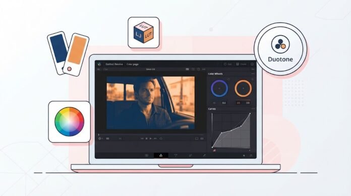 98f63cab-65fe-4bd3-8363-fe182082 Ilustrasi efek duotone di DaVinci Resolve dengan color grading dua warna, color wheels, curves, dan LUT