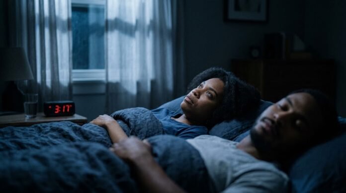 999e2d74-1650-4a6c-a764-168aedea Seseorang terbaring dengan mata terbuka di tempat tidur sementara pasangannya tidur nyenyak, menggambarkan isolasi dan frustrasi yang khas dari insomnia