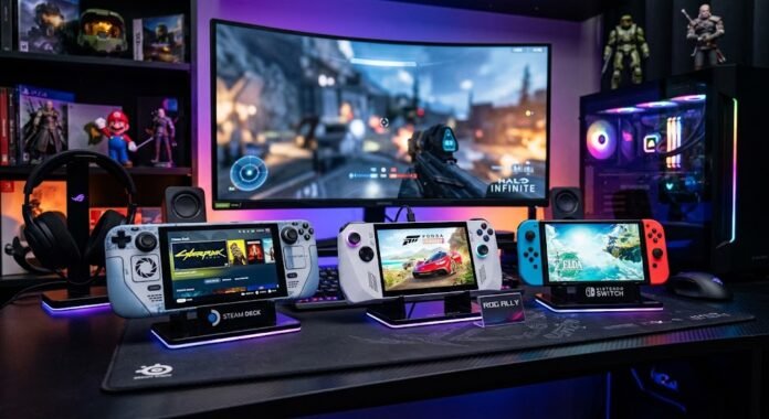 9a311420-ed29-412e-9733-30a16dac Koleksi handheld gaming device 2026, menunjukkan tren portable gaming yang semakin populer di kalangan gamers