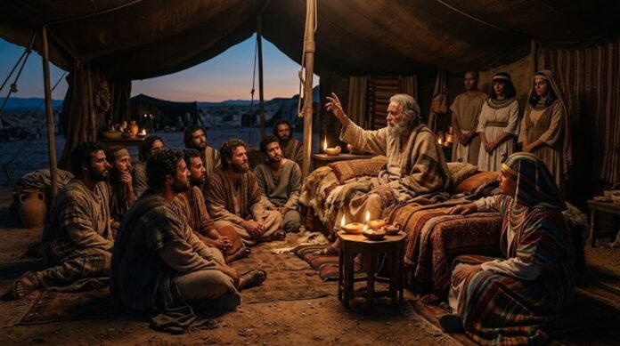 9a3bba81-dfe0-4789-88aa-c57e06fc (1) elderly dying Jacob (Israel) sitting upright on ornate bed surrounded by his twelve sons in semi-circle