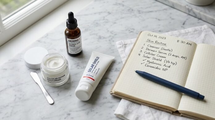 9abe76b3-6153-4b39-9aa5-010a7a93 Beragam produk skincare tersusun rapi di atas meja marmer dengan buku catatan di sisinya, menggambarkan pendekatan berbasis sains dalam memilih produk perawatan kulit.