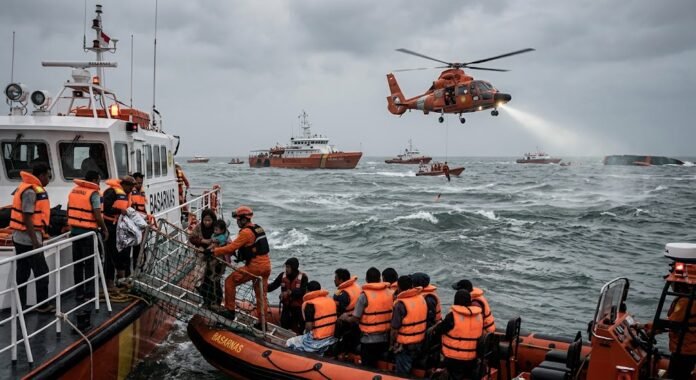 9bceec5d-2363-436e-9b74-e5c127ae ilustrasi: Tim SAR evakuasi korban kapal feri yang hilang di Laut Jawa