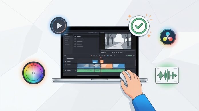 9c87280b-a0ec-47be-a9e2-c564f939 Ilustrasi pemula menggunakan DaVinci Resolve untuk editing video, color grading, audio, dan ekspor video gratis