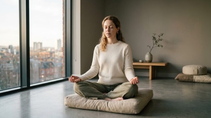 9e687ce5-7a23-488f-bc50-107bdbe4 Seseorang duduk bersila di dekat jendela dengan mata terpejam, menggambarkan latihan mindfulness di pagi hari yang tenang dan sederhana.