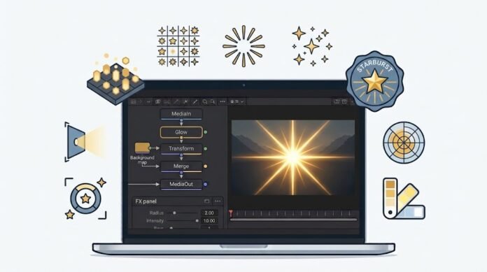 9f11a190-b572-431b-901a-7ec1977b Ilustrasi efek starburst di DaVinci Resolve Fusion dengan sumber cahaya, glow, sinar bintang, dan animasi rotasi