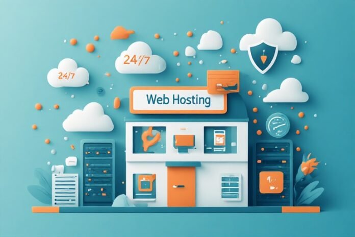 Ilustrasi analogi hosting seperti bangunan yang menyimpan file website dengan domain sebagai papan nama Ilustrasi analogi hosting seperti bangunan yang menyimpan file website dengan domain sebagai papan nama
