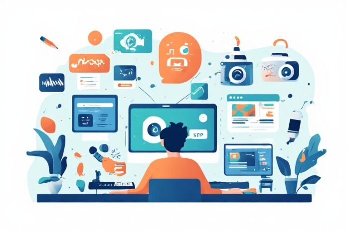 9k Ilustrasi content creator menggunakan 5 tools AI untuk menulis, desain, video, dan audio
