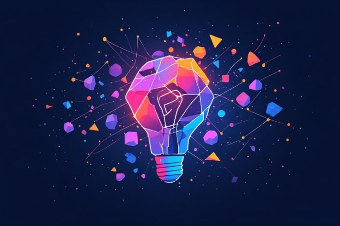 9k (9) Ilustrasi geometris abstrak tentang kreativitas sebagai kebiasaan, dengan bola lampu dari bentuk geometris dan ide-ide yang berkumpul
