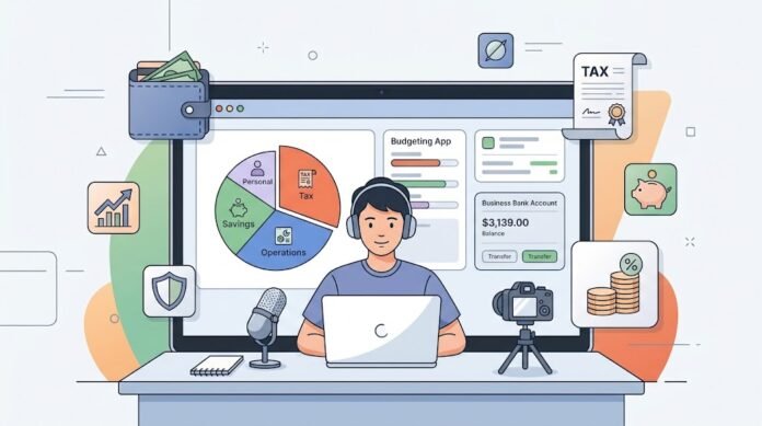 AAQ_wbEpRHSHiJJnxUUZLYpk1MJ6K2DK Ilustrasi manajemen keuangan content creator dengan rekening terpisah, dana darurat, pajak, dan investasi