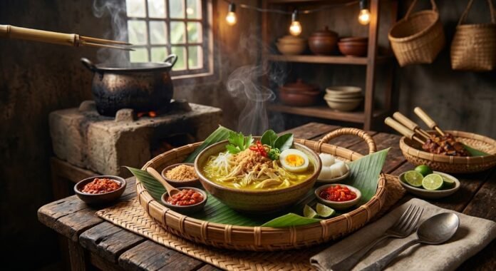 AAQ_wbGjSFNrfw-aWK8iKPzCV-PnGEAP Semangkuk soto ayam Lamongan dengan kuah kuning bening dan taburan koya khasnya